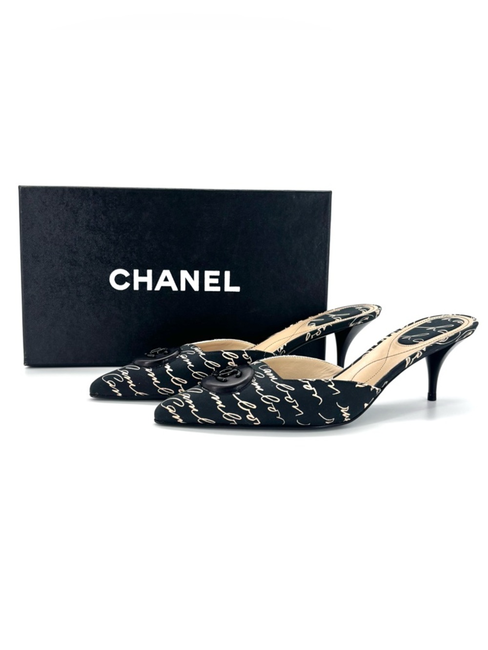 Vintage Chanel 2006 Cruise Script CC Logo Pointed Toe Kitten Heel Mules 38 - Picture 2 of 10